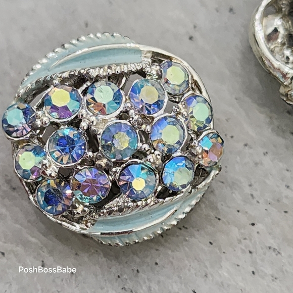 Vintage Aurora Borealis Rhinestone Clip-On Earrings | Silver Tone & Enamel - Picture 5 of 9